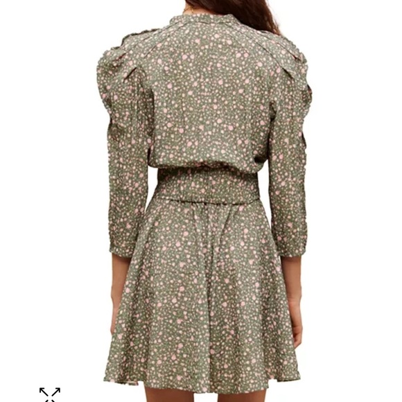 Maje Rakita Puff Sleeve Shirt Dress Green Pink Pleated Mini Floral Sz 38 US M - Picture 5 of 14